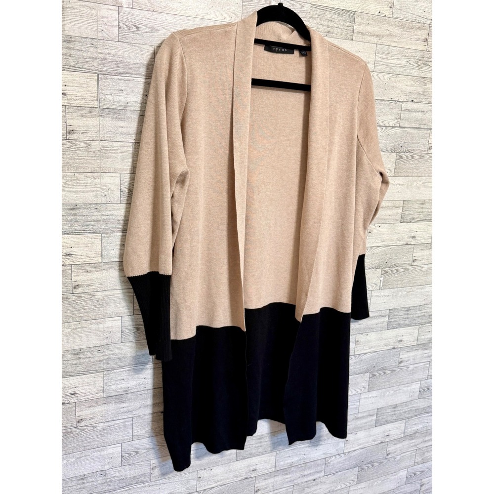 Cyrus Womens 1X Chic Tan Black Colorblock Open Front Longline Cardigan Sweater - Picture 5 of 10